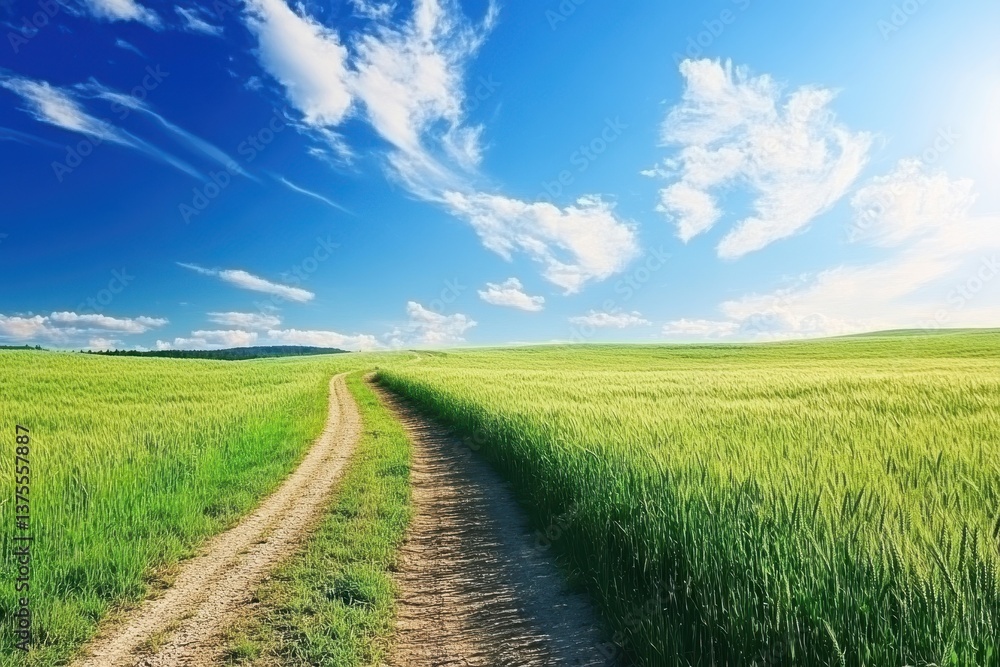 Fototapeta premium Scenic road winding through a lush green wheat meadow under a clear blue sky, Road lane in green meadow of wheat and deep blue sunny sky Nature and agriculture scene