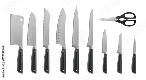 Butcher and kitchen knives assortment set. Vector isolated collection of realistic instruments with sharp blade and wooden or plastic handles. Cooking and preparing food, kitchenware tools