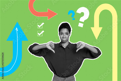 Poster sketch image artwork 3D photo collage of silhouette young lady bad mood thumb down arrow ay point dislike check mark box question