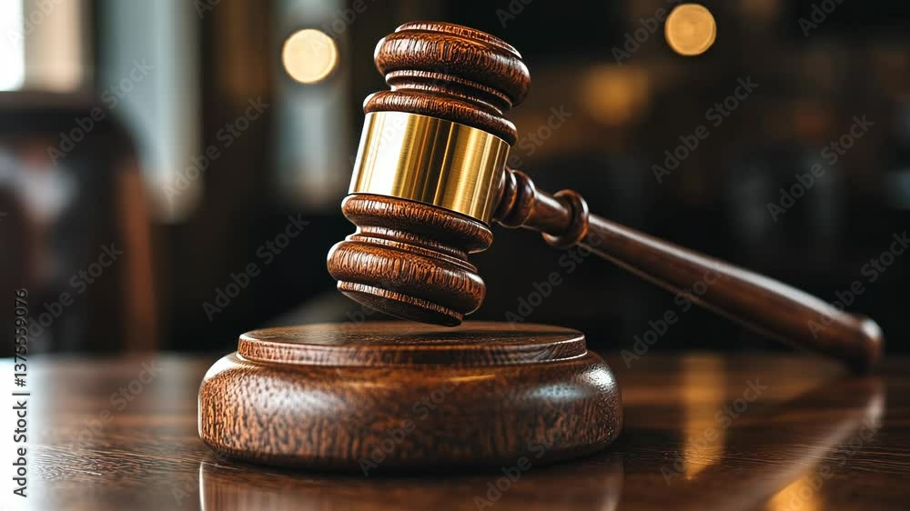 Legal gavel rests on wooden block signaling the importance of justice in a courtroom setting Legal gavel rests on wooden block signaling the importance of justice in a courtroom setting