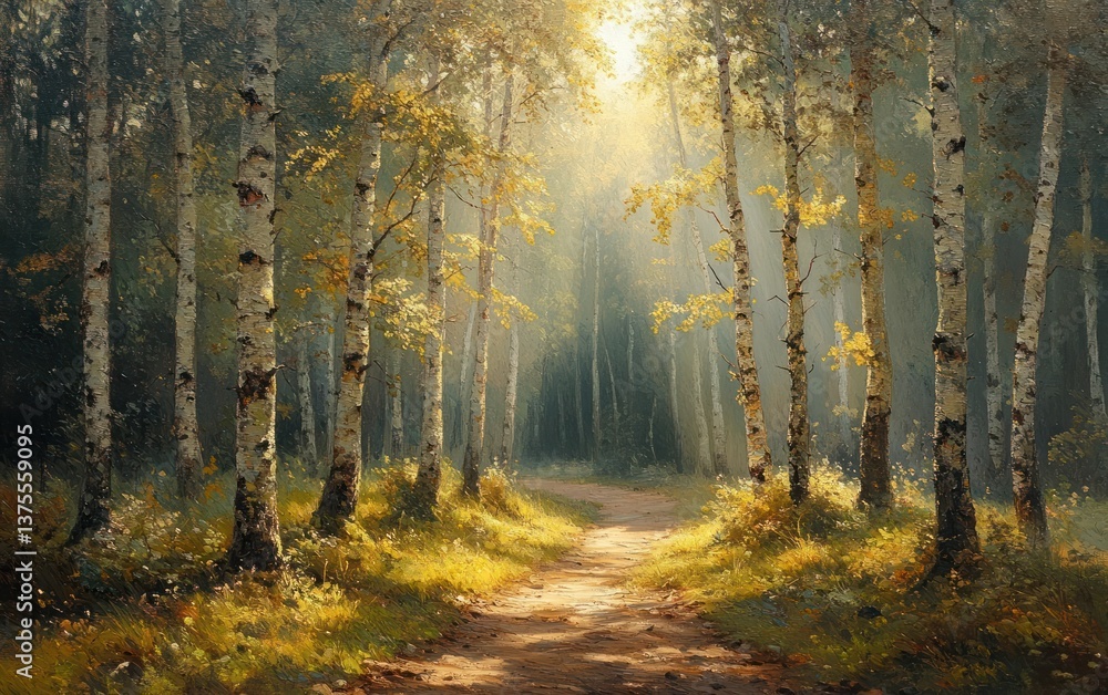Serene Forest Scene with Birch Trees and Morning Light Serene Forest Scene with Birch Trees and Morning Light