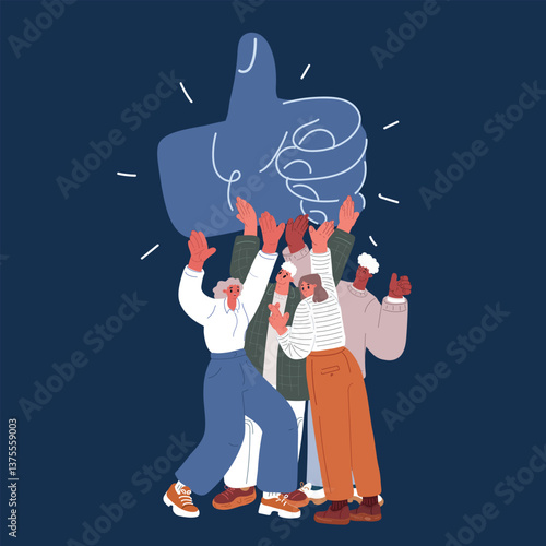 Cartoon vector illustration of a crowd of people raising their thumbs up, symbolizing approval, success, unity, and collective support.