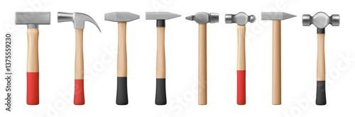 Hammers collection, isolated tools consisting of wooden and metal part. Vector mallet for driving nails and crushing rock. Handyman kit, instruments for fixing and repairing working