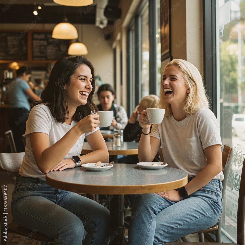 Two women sitting at a table with a cup of coffee, both laughing Two women sitting at a table with a cup of coffee, both laughing