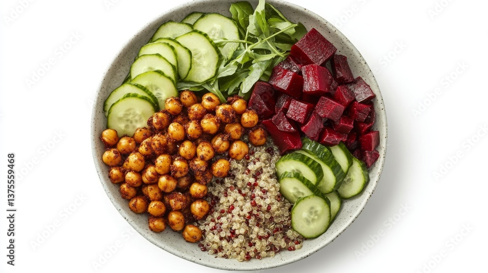 Top view of a nourish bowl with quinoa, roasted chickpeas, beets, and sliced cucumber, laid out in a geometric style Top view of a nourish bowl with quinoa, roasted chickpeas, beets, and sliced cucumber, laid out in a geometric style
