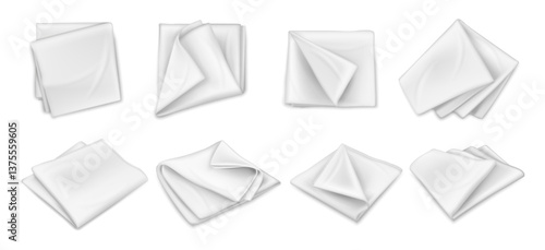 Cotton napkin or handkerchief for guests. Vector realistic isolated set of white cotton textile cloths. Towels or tissues, dishcloth for cleaning and wiping plates at home. Realistic cover