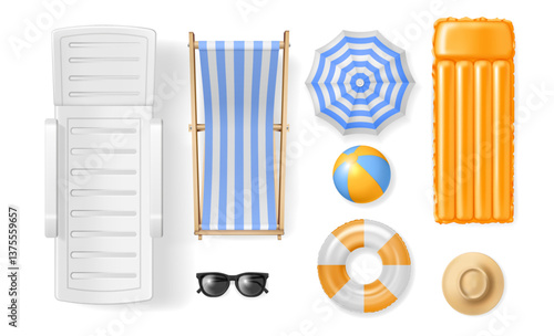 Beach elements for summer vacation and rest. Vector realistic style, isolated set of lounge chair, parasol and accessories. Sunglasses and lifebuoy, ball for games and hat protecting from sun