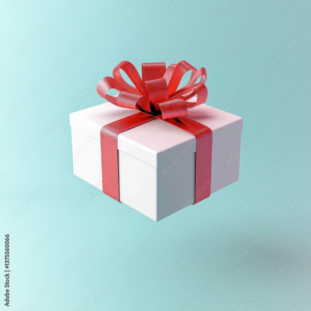 Fototapeta premium Floating White Gift Box with Red Ribbon on Soft Pastel Background