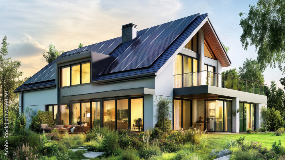 Modern Eco-Friendly House with Solar Panels and Lush Landscape Modern Eco-Friendly House with Solar Panels and Lush Landscape