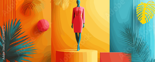 Abstract fashion mannequin in vibrant tropical environment - vector.