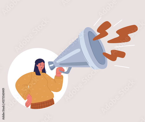 Cartoon vector illustration of a woman with a megaphone, representing strong voices, advocacy, and the power of communication in making an impact.