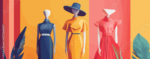 Fashionable mannequins display various stylish outfits amid vibrant colors - vector.