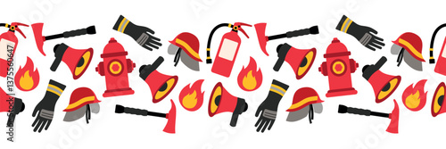 Firefighter Equipment seamless border Vector Illustration. Seamless vector illustration featuring various firefighter equipment such as helmets, fire extinguishers, axes, and hydrants