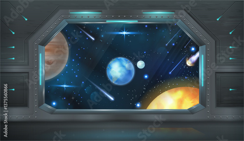 Window of spaceship with planets, cosmos and stars view. Vector realistic style, spacecraft open gateway with galaxy and cosmic objects. Game development and scenery design, secret mission