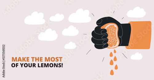 Cartoon vector illustration of a hand squeezing an orange, releasing a burst of fresh juice, symbolizing vitality, energy, and the essence of natural refreshment.