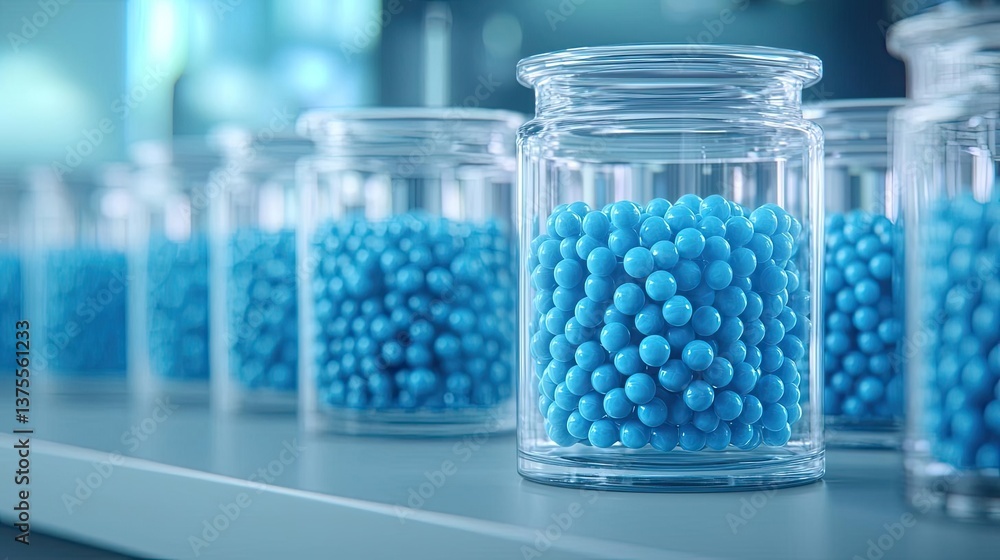 Blue exosome particles in biotechnology and medical concept. Colorful blue spheres in glass jars arranged on a shelf. Blue exosome particles in biotechnology and medical concept. Colorful blue spheres in glass jars arranged on a shelf.