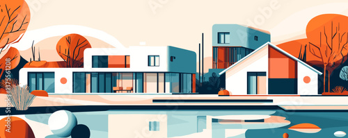 Modern geometric house by lake with autumn trees in warm colors, contemporary architecture vector.