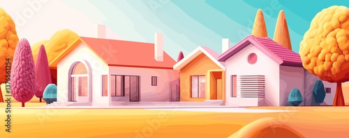 Colorful autumn suburban landscape with two modern houses and trees - vector.
