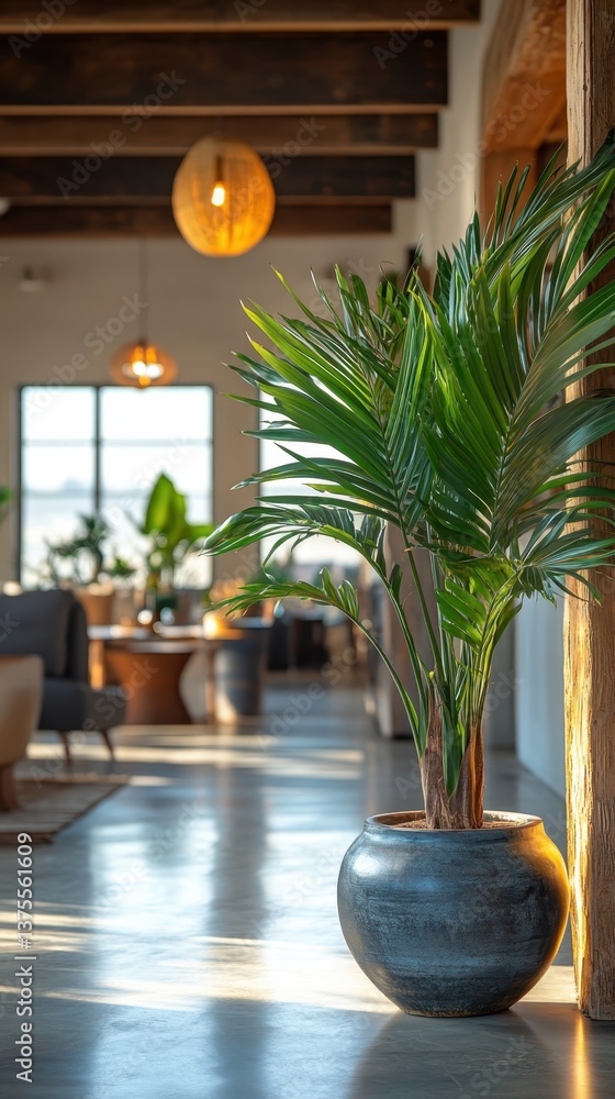 Fototapeta premium Indoor Oasis: Lush greenery and architectural charm blend seamlessly in this bright, airy interior. The image showcases vibrant plants, natural light, and elegant design elements.