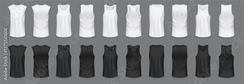 Sports clothes sleeveless tshirts for training or comfortable wearing. Vector realistic style, isolated set of blank shirts mockup for branding and advertisement. Tank for cycling or sportswear