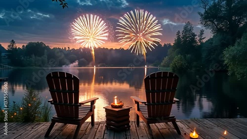 Fourth of July fireworks display over a lake