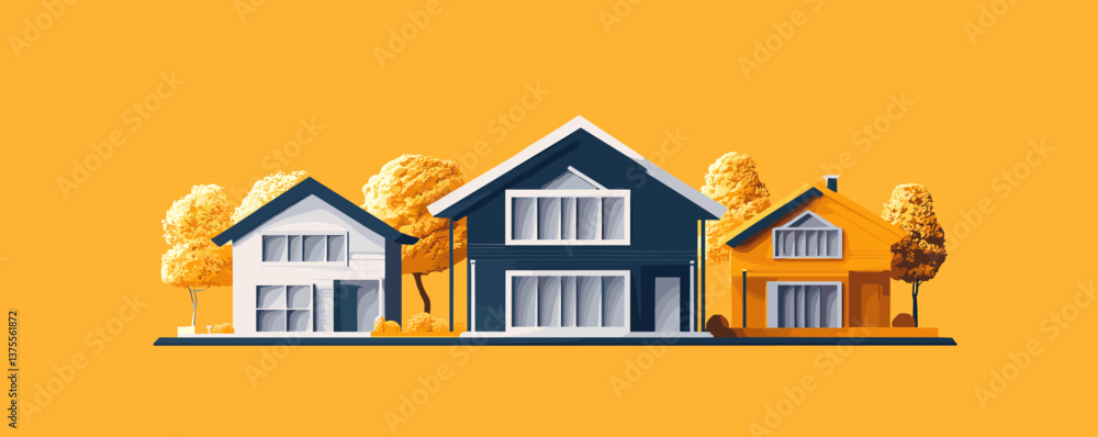 Obraz premium Modern suburban houses on yellow background with autumn trees, vector.