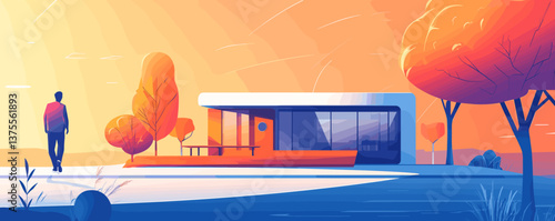 Modern house with sunset view and trees in autumn landscape, vibrant colors - vector.
