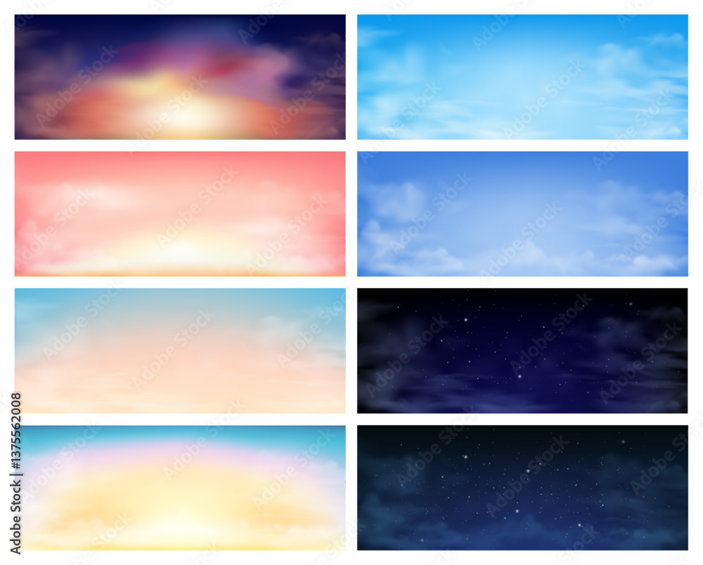 Obraz premium Day and night cloudscape view, sky with clouds. Vector in realistic style, nighttime with stars and constellations. Sunset or sundown scenery with light and cloudy weather. Summer or spring