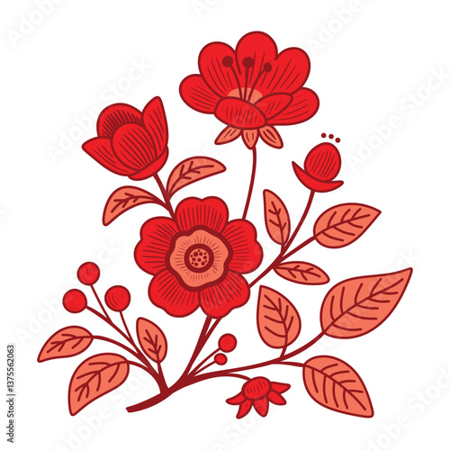 Asia Inspired Hand Drawn Floral Art. Branch with Flowers and Leaves in Simple Minimalist Oriental Asian Style