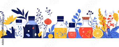 Colorful botanical bottles and plants with lemons and flowers on white background - vector.