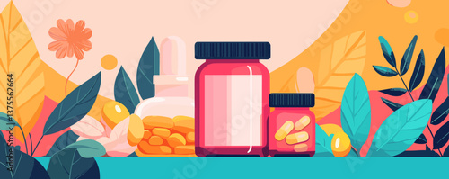 Assorted herbal medicine bottles and capsules with colorful leaves - vector.