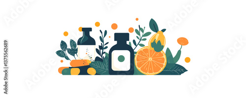 Organic health products with citrus and herbs against white background vector.