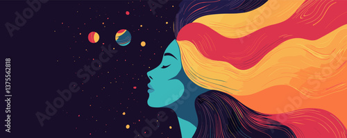 Surreal portrait of woman with flowing hair among planets and stars, abstract art vector.