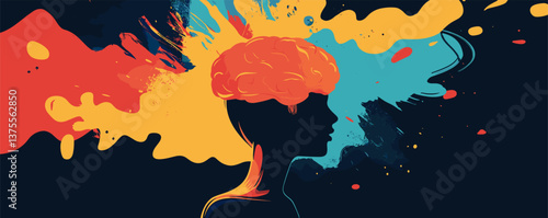 Colorful abstract silhouette with splashes and brain, artistic expression vector.