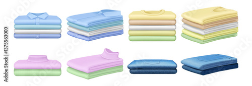 Pile clothes set. Vector realistic fashioned stacked laundry. Isolated pants and shirts, tshirts and sweaters. Stacks of clean textile. Folded casual fabric for retail store. Shopping for garment