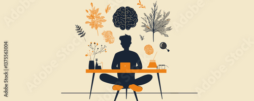 Creative mind at work: person meditating and brainstorming ideas with nature elements - vector.