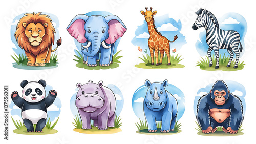 Cute cartoon African animals watercolor style kids design