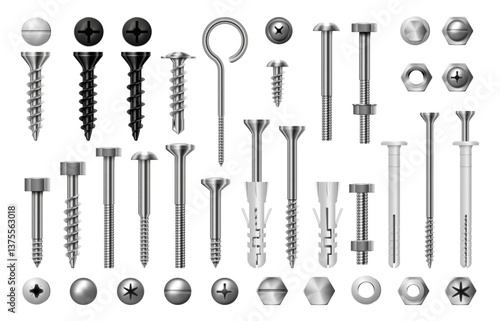 Screws, steel bolts and hex nut isolated set of metal instruments for fastening. Vector in realistic style. Stainless tools for carpentry and renovation. Nails and rivets for construction