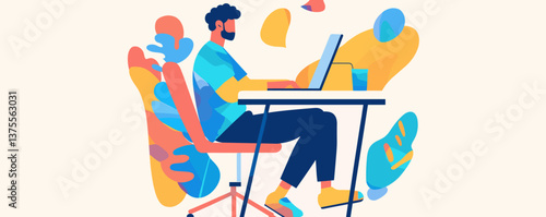 Young man working at computer in modern colorful workspace, creative office setting vector.