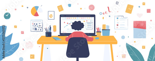 Person working at desk with computer analyzing data, modern office concept vector.