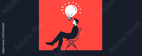 Man in chair with light bulb above head on red background, idea concept – vector.