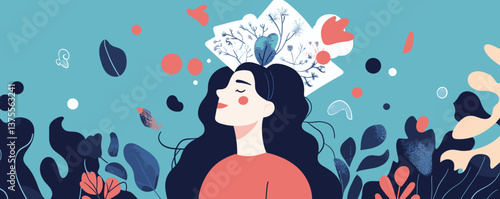 Tranquil woman amidst nature with floral hair and closed eyes - vector.