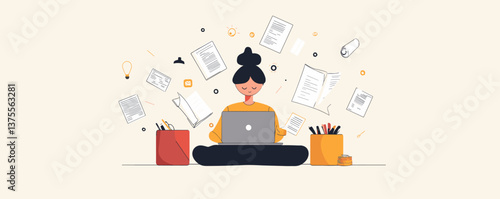Woman working at laptop surrounded by floating papers and stationery - vector.