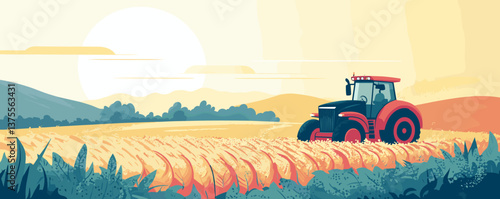 Red tractor in wheat field during sunrise with mountains in the background - vector.