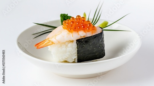 Minimalist Sushi with Orange Caviar on White Plate, Side View, Clean Aesthetic, Pure White Background