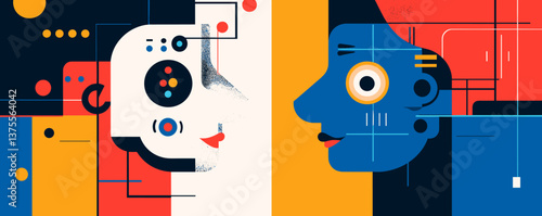 Abstract geometric human face profiles with bold colors vector.