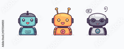 Trio of cute cartoon robots with diverse expressions on a light background - vector.