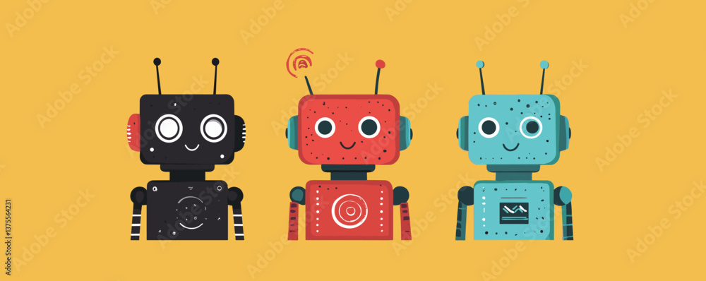 Obraz premium Three cute colorful robots on yellow background vector.
