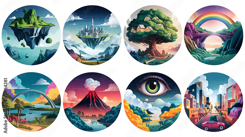 Fototapeta premium Fantasy landscapes and cityscapes vibrant and stylized