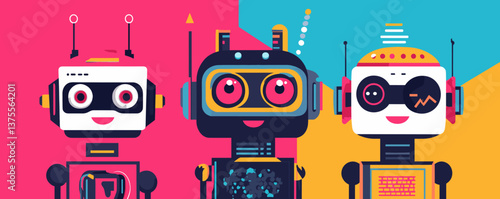 Three colorful cartoon robots with smiling faces on geometric background - vector.